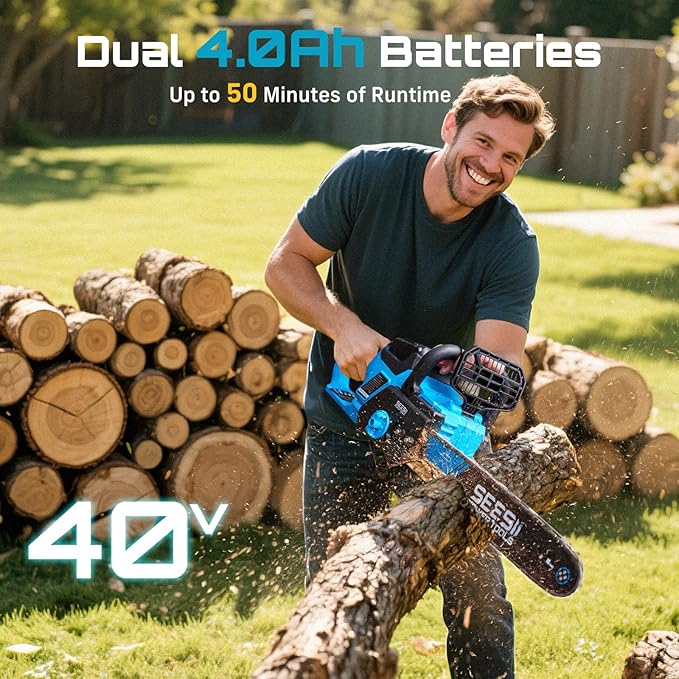 SEESII 40V 16-Inch Cordless Chainsaw: Brushless Electric Chain Saws with 2×4.0Ah Batteries & Charger, Tool-Free Chain Tension, Auto Oiling, for Tree Trimming, Wood Cutting, Yard Work