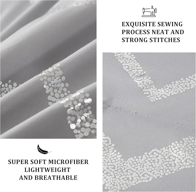 Grey and Silver Comforter Set King Size, Metallic Print Geometric Bedding Set, 4 Piece Lightweight Microfiber Comforter for Teen Girls Boys Women (2 Pillow Shams + 1 Decorative Pillow Sham)