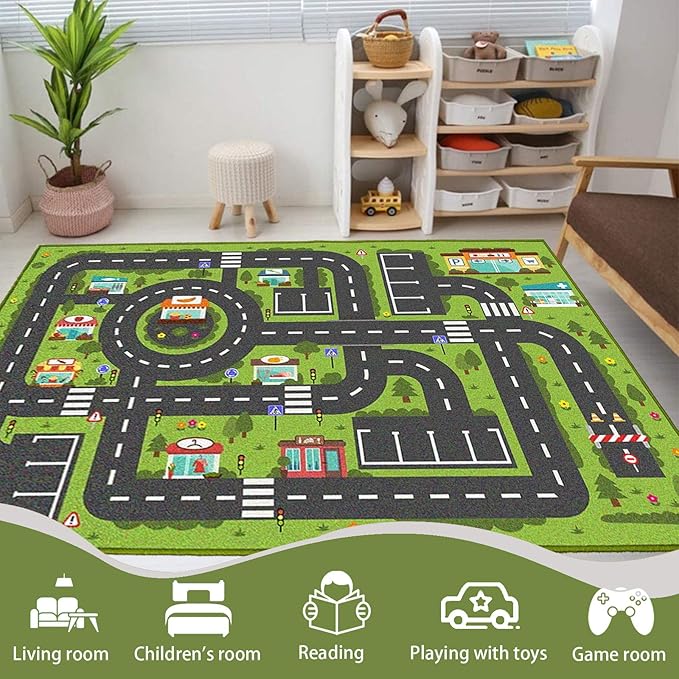 Car Rug Play Mat, Road Rug Carpet for Kids, City Life Educational Road Traffic Carpet for Ages 3-12 Years Old(80×160cm/32×63inch)