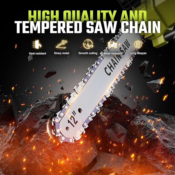 SEYVUM Brushless 12 Inch Chainsaw Cordless, 20V Battery Chainsaw with 2 x 4.0Ah Batteries, 2 x Chains, Electric Chainsaws with Tool-free Chain Tension, Auto Oiling for Wood Cutting Trimming Branch