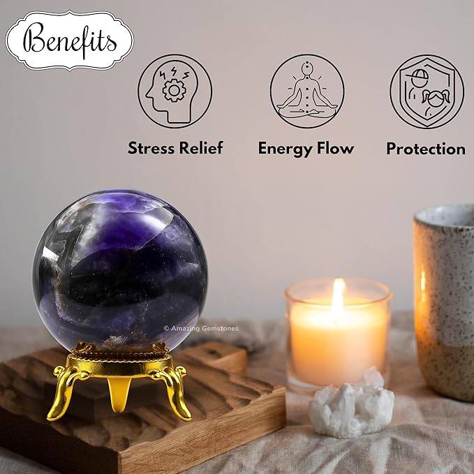 Amazing Gemstone Amethyst Chevron Crystal Ball with Stand - 2" Inches Crystal Sphere Meditation Balls for Witchcraft and Decorative Balls