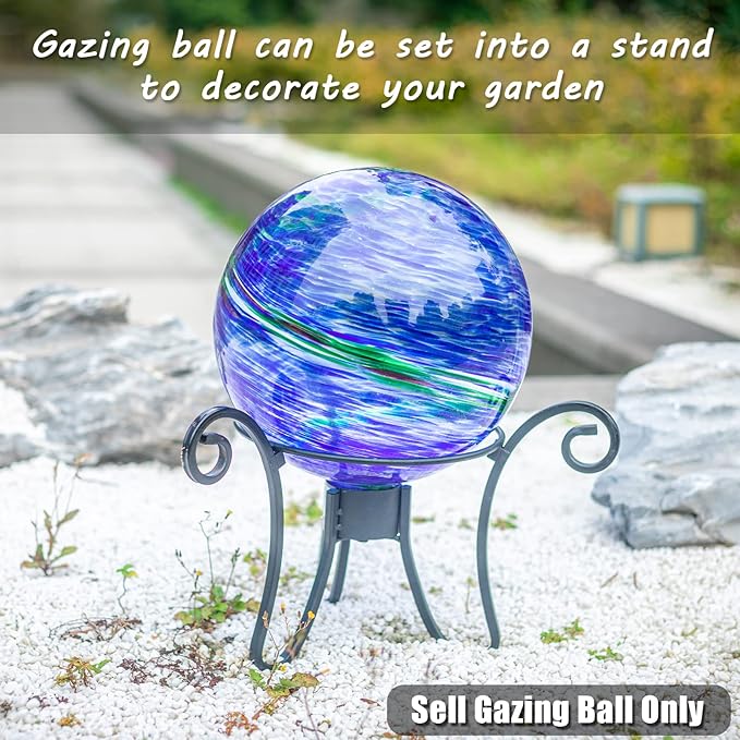 VCUTEKA Glass Outdoor Gazing Globe, Blue and Green Hand Painted Swirled Sphere for Patio Garden Gazing Ball Yard Ornament, 10 Inch