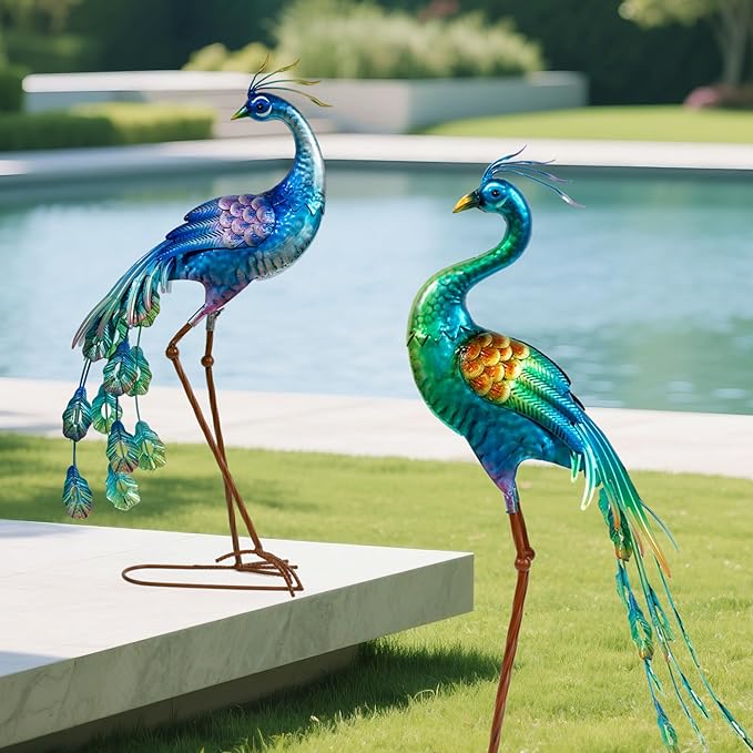 chisheen Metal Peacock Statue Garden Decor Yard Art Decoration Outdoor Sculpture,Set of 2,Housewarming Birthday for Women Mom