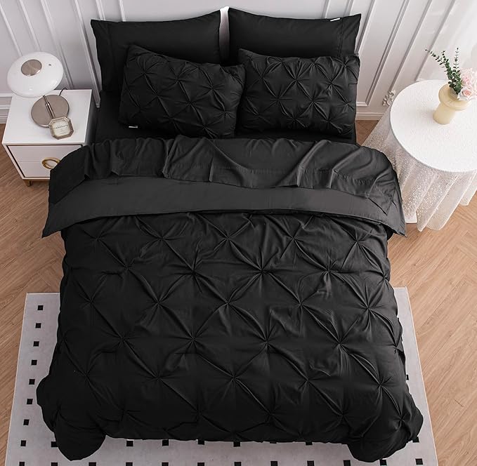 LANE LINEN King Size Comforter Set with Sheets, Complete 7 Piece King Comforter Set, Pintuck King Size Bedding Set, Soft King Size Bed in a Bag Set, Premium King Bed Set, Pillowcases & Shams - Black