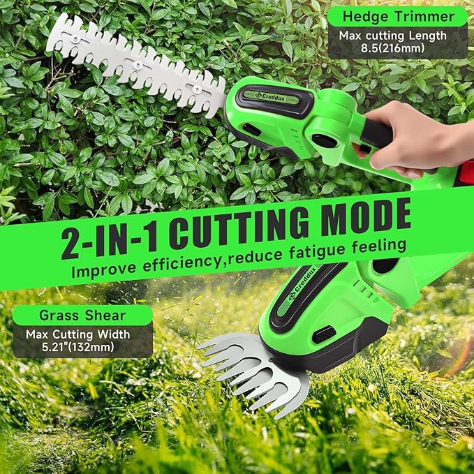 Cordless Hedge Trimmer, 2-in-1 Handheld Electric Hedge Trimmer/Grass Shears for Garden,Yard and Lawns, Shrub Trimmer with 2 PCS Rechargeable Battery&Charger (Green)