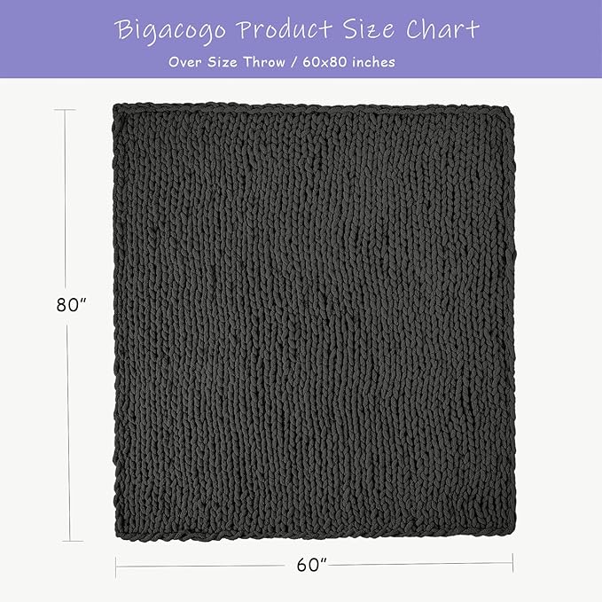 Bigacogo Chunky Knit Throw Blanket for Couch, 60x80 inches, 100% Hand Knitted with Thick Jumbo Chenille Yarn, Cozy Soft Large Rope Knot Cable Crochet Blankets for Sofa Bed Living Room, Dark Grey
