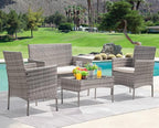 Greesum Patio Furniture 4 Pieces Conversation Sets Outdoor Wickerr Rattan Chairs Garden Backyard Balcony Porch Poolside loveseat with Soft Cushion and Glass Table, Gray and Beige