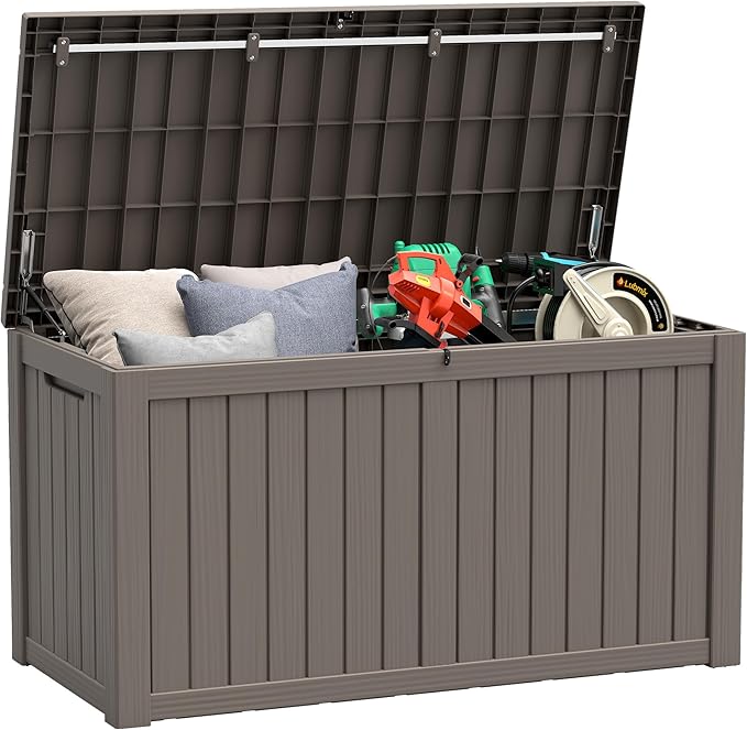 NUNU LAB 150 Gallon Outdoor Storage Box,Resin Large Sturdy Deck Box, Backyard Outside Storage Box Waterproof with Double Wall Panels,Package Delivery,Garden Outdoor Hose Bin