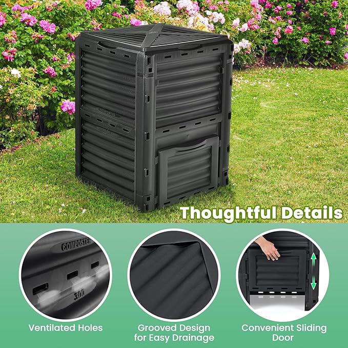 Compost Bin Outdoor, 80 Gallon Garden Compost Bin with Top Lid & Bottom Door, Aerating Outdoor Compost Box Waste Container Barrel Fertilizer for Garden & Yard (Black)