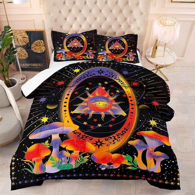Tailor Shop Sun and Moon Bedding for Boys Girls Kids Teens,Celestial Bedding King Size,Mushroom Comforter Gothic Comforter Witchy Comforter Boho Exotic Black Bed with 2 Pillowcases