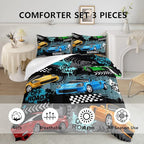 Axolotl Car Comforter Set Full Size,Cool Speed Race Car Comforter for Kids Boys Girls Teens Bedroom,Extreme Sport Quilt Duvet 1 Comforter 2 Pillowcase Car Racing Gifts,Blue Red Orange