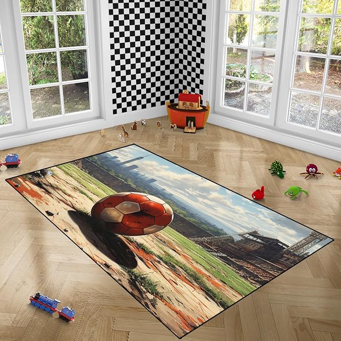 Football Rug - Football Decor for Boys Bedroom Soccer Rug for Play Area Football Printed Rug for Kids Room Basketball Rugs for Teen Boys Bedroom Playmat Area Rugs for Kids Rooms,3'×4'