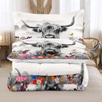 Tailor Shop Highland Cow Comforter Sets King Size,Highland Cow Bedding for Teens Kids Man,Cattle Western Bedding Wildlife Farmhouse Bull Mountain Flower Comforter with 2 Pillowcase