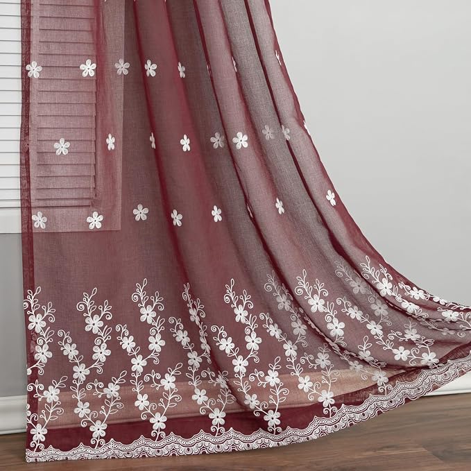 Red Sheer Curtains 84 Inches Long 2 Panels, White Floral Pattern Drapes for Living Room, Light Filtering Rod Pocket Window Treatments for Office, 54 x 84 Inches