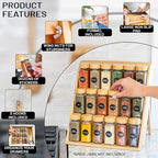 Extra Sturdy 3-Tier Bamboo Spice Rack – 12" W x 10" D x 13" H – Foldable Non-Slip Wooden Spice Organizer for Countertop, Cabinet & Drawer – Includes Labels, Funnel & Hooks – Spice Jars NOT Included