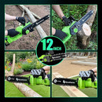 Mini Chainsaw 12inch, Chainsaw Cordless w Automatic Oiler, Handheld Electric Power Chain Saw w Security Lock, Brushless Motor,Chainsaws for Wood/Trees Trimming (Green - 2 batteries, 12 INch)