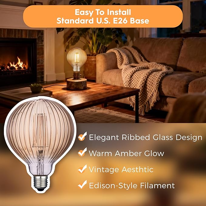 G125 LED Filament Bulb,4W Dimmable E26,2200K Amber Glass,1 Pack | Decorative Oversized Edison Bulb, Squirrel Cage Filament, Dim, For Indoor & Outdoor Cafe, Hotel, Kitchen & Dining Room Decor