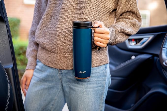 Ello Magnet 18oz Vacuum Insulated Stainless Steel Travel Mug with Side Handle and Leak-Proof Slider Lid and Built-in Coaster, Keeps Hot for 5 Hours, Perfect for Coffee or Tea, BPA-Free