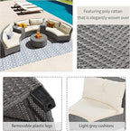9 Pieces Outdoor Furniture Half Moon Wicker Patio Sets with Coffee Table, All-Weather Fan-Shaped Curved Sectional Sofa Couch with Beige Cushions, Onesize, Gray Rattan