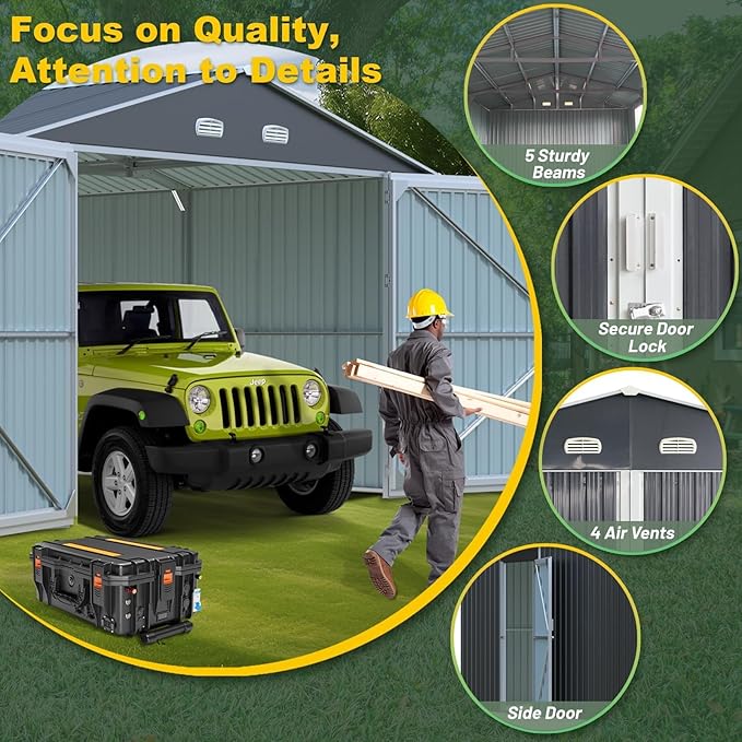 Metal Garage Shed 20x13 FT, Sheds & Outdoor Storage Clearance, Outdoor Storage Shed for Car, Truck, Bike, Lawnmower, Backyard Tool House, Boasting 2 Doors and 4 Vents, Dark Gray