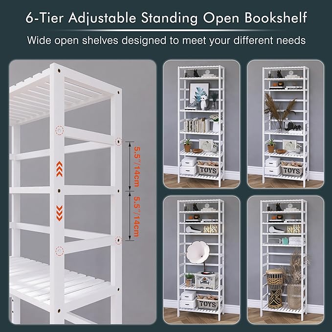 Bookshelf, 6-Tier Tall Bookcase Freestanding Bamboo Book Shelf Bathroom Storage Organizer with Adjustable Shelves, White