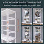 Bookshelf, 6-Tier Tall Bookcase Freestanding Bamboo Book Shelf Bathroom Storage Organizer with Adjustable Shelves, White