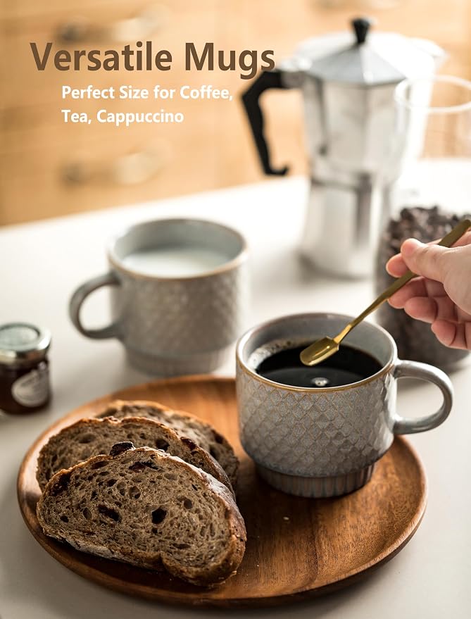 Gomakren Stackable Coffee Mugs Set of 4 Coffee Cups with Stand, Light Gray | 13oz Ceramic Embossed Grid Mugs, Black Metal Storage Rack, Lead-Free Dishwasher Safe, with Gold Spoons for Home Coffee Bar