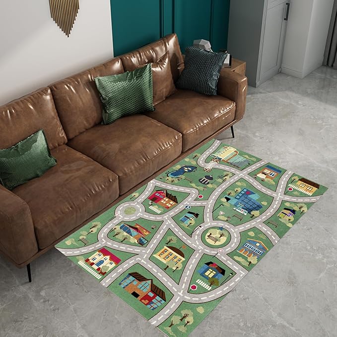 Analog ABC Kids Rug Playroom Car Rug Play Mat City Life Road Rug for Cars Fun City Map for Carpet for Bedroom Boys (55 * 82 inches, Charming Township)