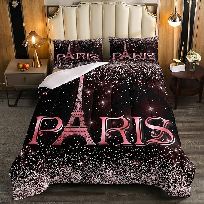 Erosebridal Eiffel Tower Comforter Set Queen Size, Paris France Duvet Sets for Kids Teens Adult Women Bedroom Decor Starry Sky Bling Bedding Set City Building Quilted Duvet with 2 Pillow Cases