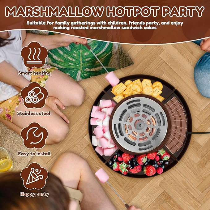2-in-1 Electric Chocolate Fondue & Marshmallow Toaster Set, with 4 Forks & Detachable Trays, DIY Dessert Station for Parties & Birthdays