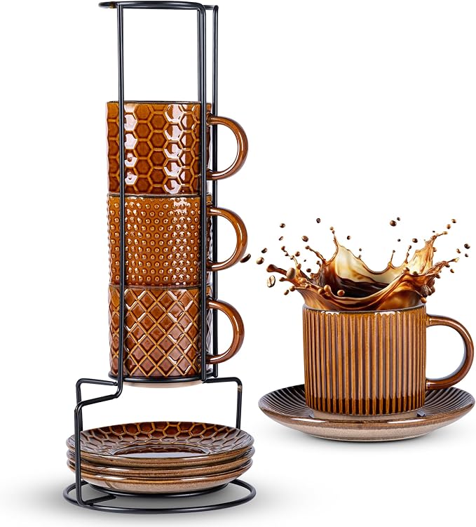 GBhome 6 OZ Stackable Coffee Mugs Set of 4, Ceramic Espresso Coffee Cups | Coffe Cups With Saucer and Stand, Dishwasher&Microwave Safe, 4 Assorted Designs