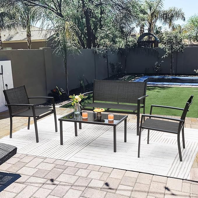 Greesum 4 Pieces Patio Furniture Set Outdoor Conversation Textilene Fabric Chairs for Lawn, Garden, Balcony, Poolside with A Glass Coffee Table, Black