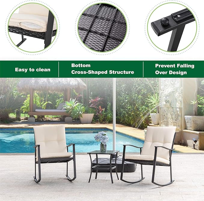 Shintenchi Outdoor 3-Piece Rocking Bistro Set,Wicker Patio Furniture Porch Chairs Conversation Sets with Glass Coffee (Beige Cushion)