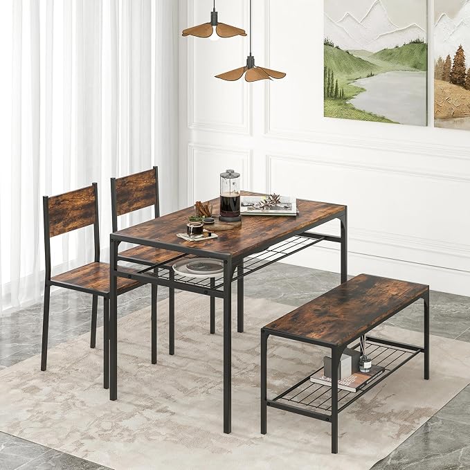 Giantex Dining Table Set for 4, Kitchen Table with Chairs & Bench, Storage Racks, Metal Frame, 4-Piece Space-Saving Dinette Set for Dining Room, Breakfast Nook, Small Space, Apartment,Rustic Brown