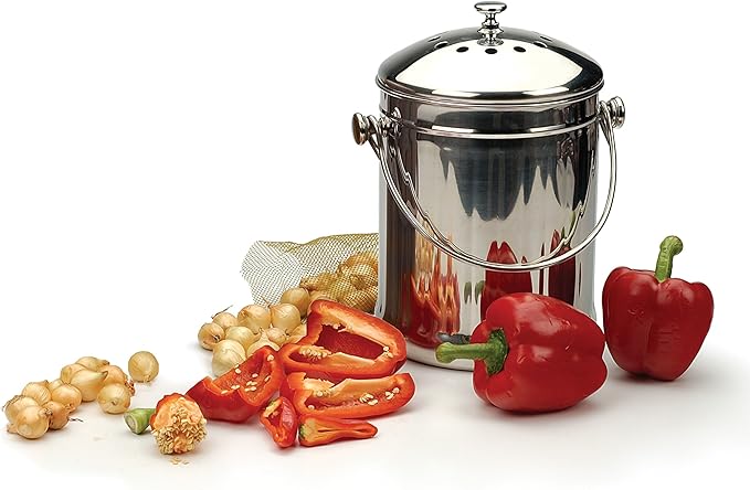 RSVP International Kitchen Collection Compost Pail, Dishwasher Safe, 1 Gallon Capacity, Stainless Steel