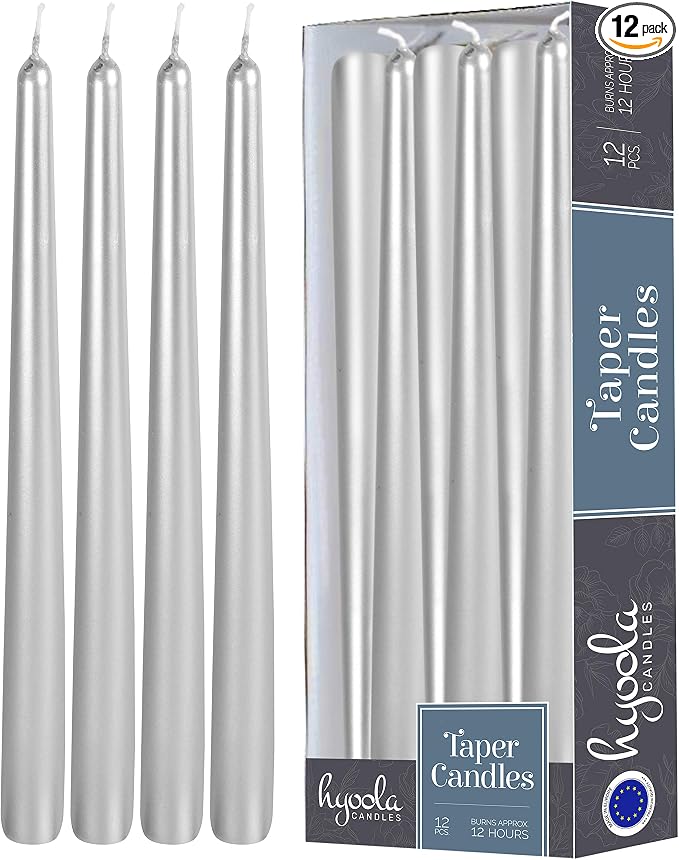 Hyoola 12 Pack Tall Metallic Taper Candles - 14 Inch Silver Metallic, Dripless, Unscented Dinner Candle - Paraffin Wax with Cotton Wicks