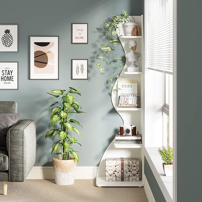 Small Corner Shelf, Modern 5-Tier Wall Corner Bookshelf, Stylish Bookcase Storage Rack for Small Space,Living Room. Bedroom