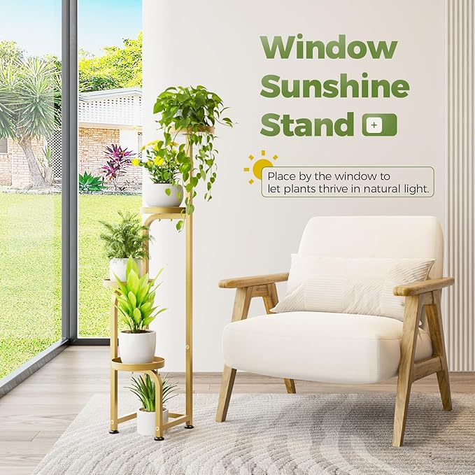Bamworld Corner Plant Stand Indoor Outdoor, Tall Metal Flower Pot Stands for Multiple Plants, 4 Tier Gold Heavy Duty Plant Shelf for Patio Garden Balcony Living Room Bedroom(Patent Design)