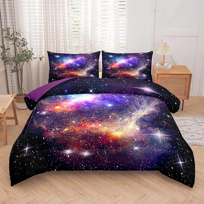 Tailor Shop Galaxy Comforter Space Kids Bedding Set King Size, Purple Comforter for Girls with 2 Pillowcase