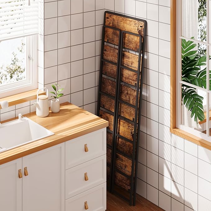 4NM No-Assembly 5 Tiers Folding Bookshelf Storage Shelves Vintage Bookcase Standing Racks Study Organizer Home Office (Rustic Brown, 5 Tiers)