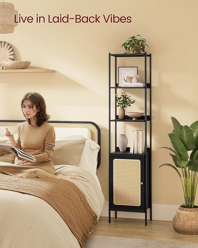 VASAGLE 6-Tier Bookcase, Bookshelf with Rattan-Like Door, Boho Style, Freestanding 15.7-Inch Wide Storage Shelf, Metal Frame, Adjustable Shelf, for Living Room, Ebony Black and Matte Black ULLS122B56
