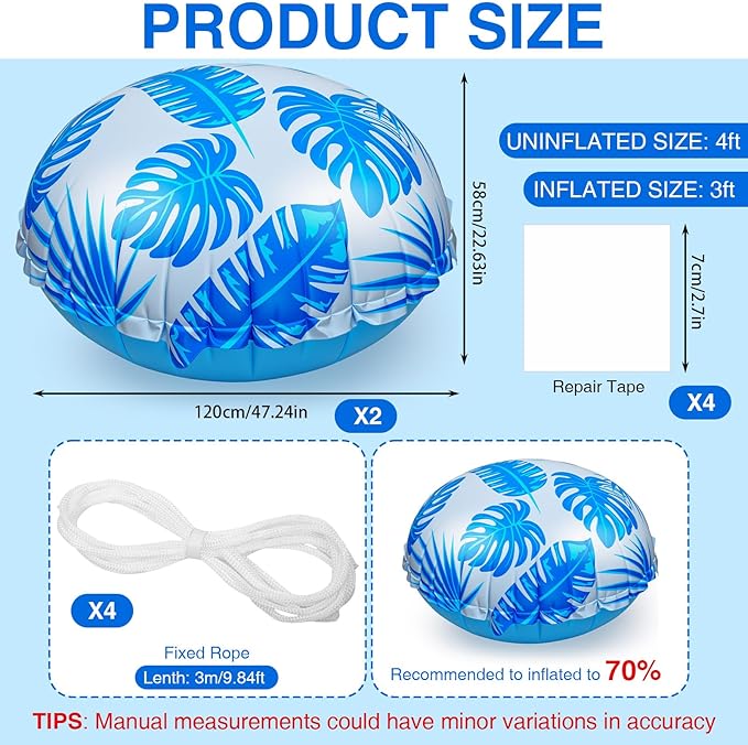 2pcs 4ft Pool Pillows for Above Ground Pools, Cover Balloon Winterizing Inflatable Air Pillow Float with Ropes PVC Ice Equalizer Closing Winter Swimming Ball Accessories