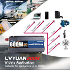 LVYUAN 800 Watt Pure Sine Wave Power Inverter 24V to 110V/120V DC to AC Converter with Dual Sockets, Dual USB Ports, LED Display for Home Outdoor RV Car Power Inverter Power Adapter