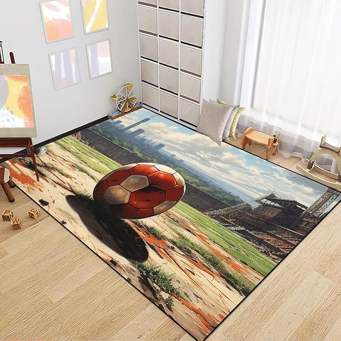 Football Rug - Football Decor for Boys Bedroom Soccer Rug for Play Area Football Printed Rug for Kids Room Basketball Rugs for Teen Boys Bedroom Playmat Area Rugs for Kids Rooms,5'×7'