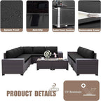 12PCS Patio Furniture Set Sofa Wicker Sectional Sofa Set, Outdoor Furniture Rattan Patio Conversation Set with Cushions and Glass Coffee Table, Black