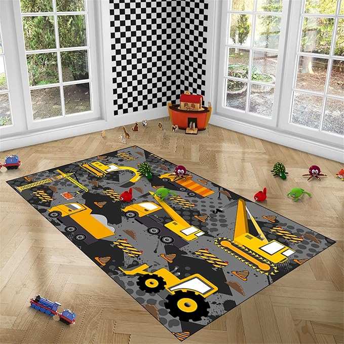 Construction Rugs for Boys Room Play Rug for Cars and Trucks Car Rug Play Mat Kids Rugs for Playroom Car Rug for Boys Room Construction Decor for Boys Room,Grey 4'×5'