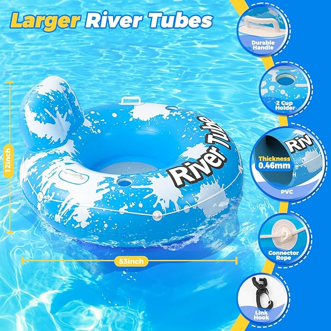2025 New & Upgraded River Tubes for Floating Heavy Duty, Inflatable Float for Beach Lake Rafting, Fool Floats with Mesh Bottom, Cup Holder, Backrest