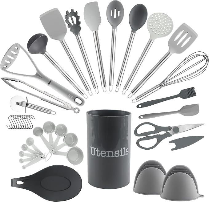 COOK WITH COLOR Silicone Cooking Utensils, Kitchen Utensil Set, Easy to Clean Silicone Kitchen Utensils, Cooking Utensils for Nonstick Cookware, Kitchen Gadgets Set, 38 Piece, Gray