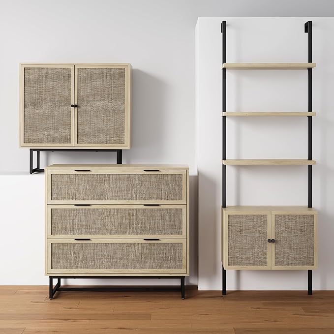 Nathan James Theo Ladder 3 tier Open Bookshelf with Rattan Drawers and Matte Steel Frame, Light Oak/Black