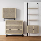Nathan James Theo Ladder 3 tier Open Bookshelf with Rattan Drawers and Matte Steel Frame, Light Oak/Black
